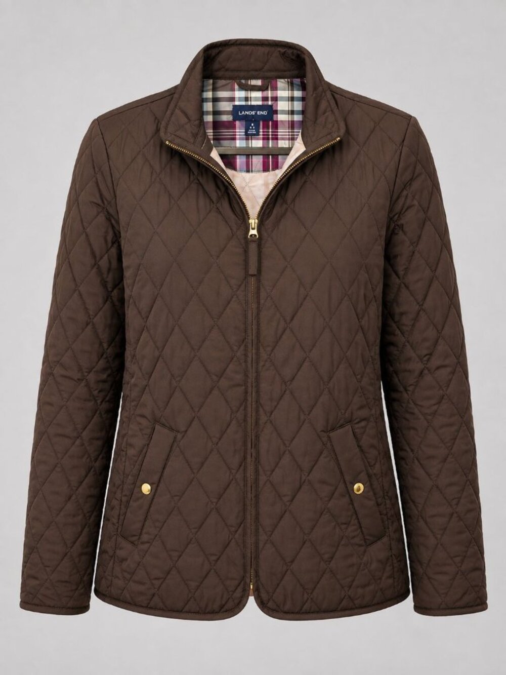 Lands End Womens Small Jacket Brown Quilted Plaid Lining Lightweight Full Zip